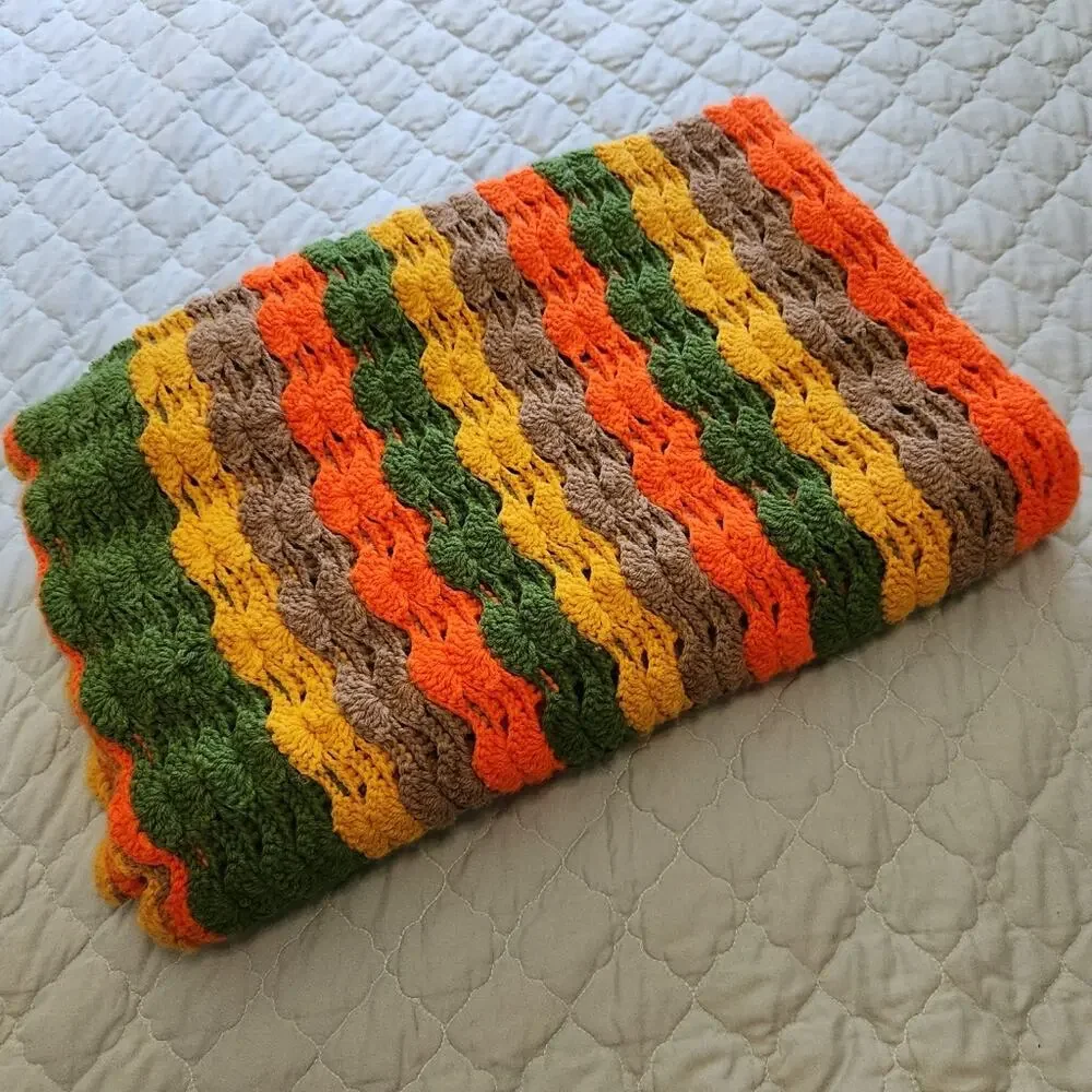 Afghan Throw Blanket Yellow Orange Green 70s Fall Handcrafted Vintage Grannycore
